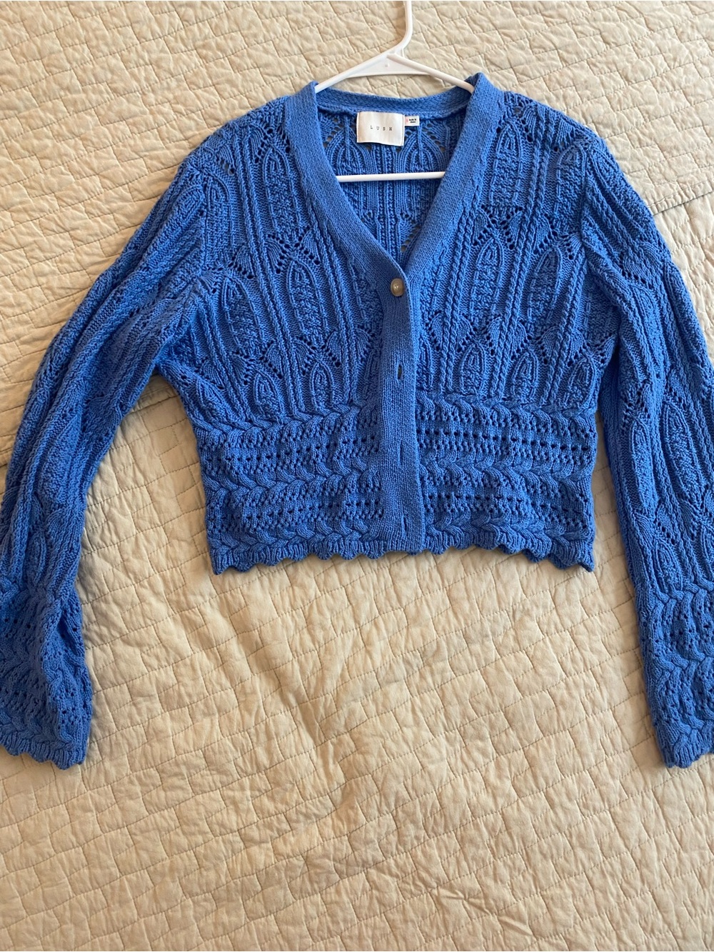 Lush Blue Cropped Openwork Cardigan